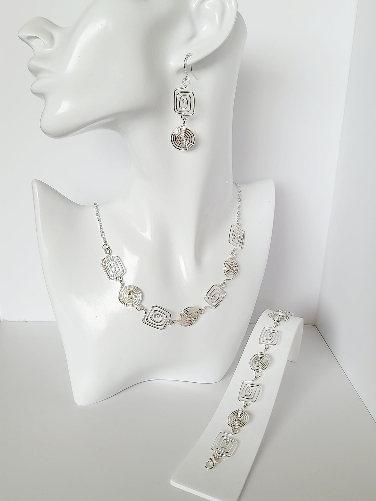 Silver Geometric Double Spiral Drop Earrings