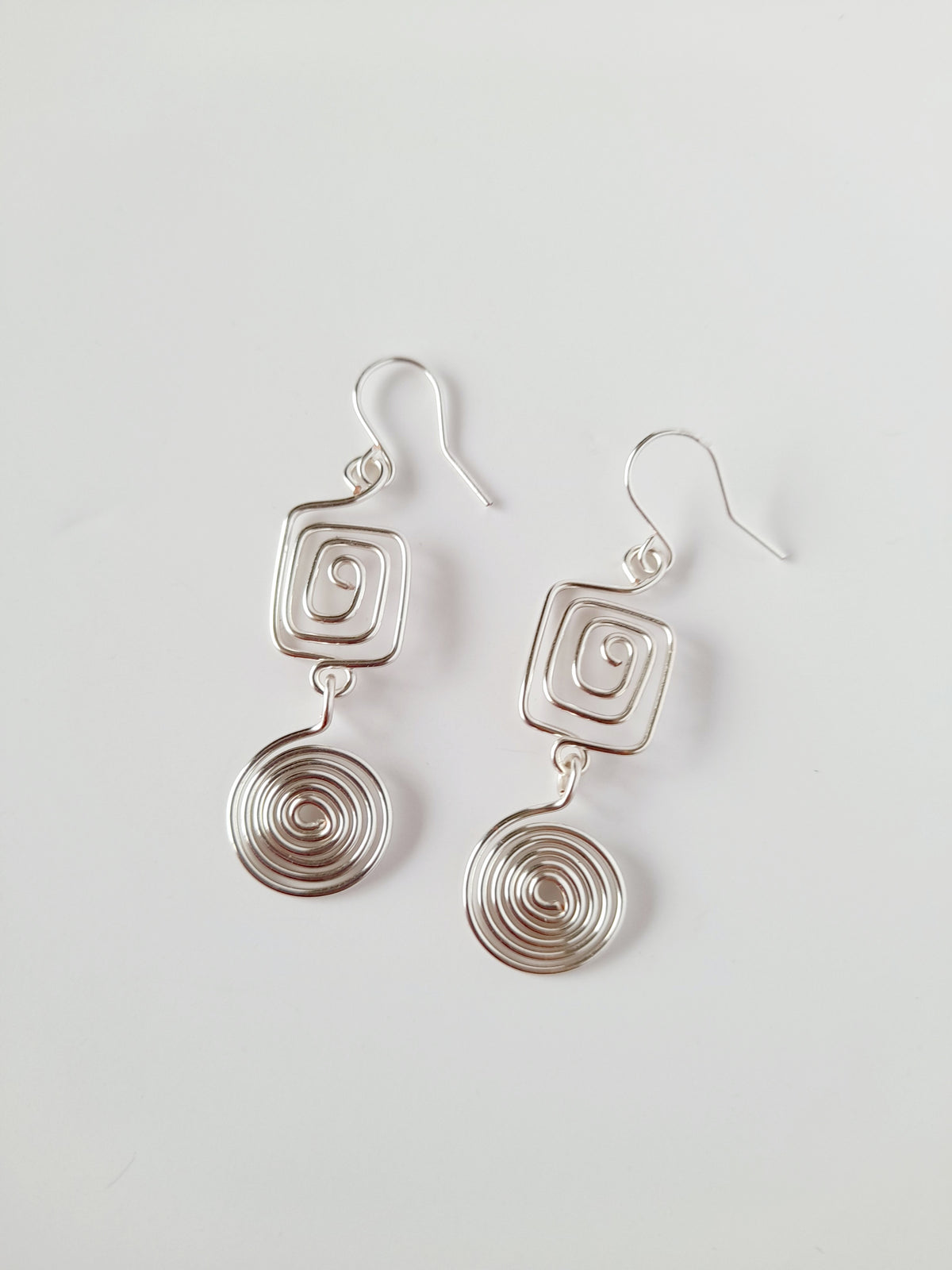 Silver Geometric Double Spiral Drop Earrings