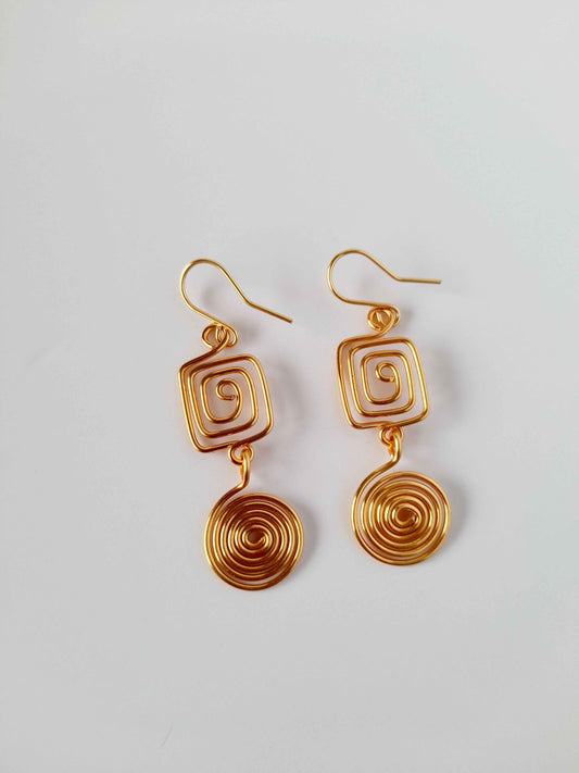 Gold Geometric Double Spiral Drop Earrings
