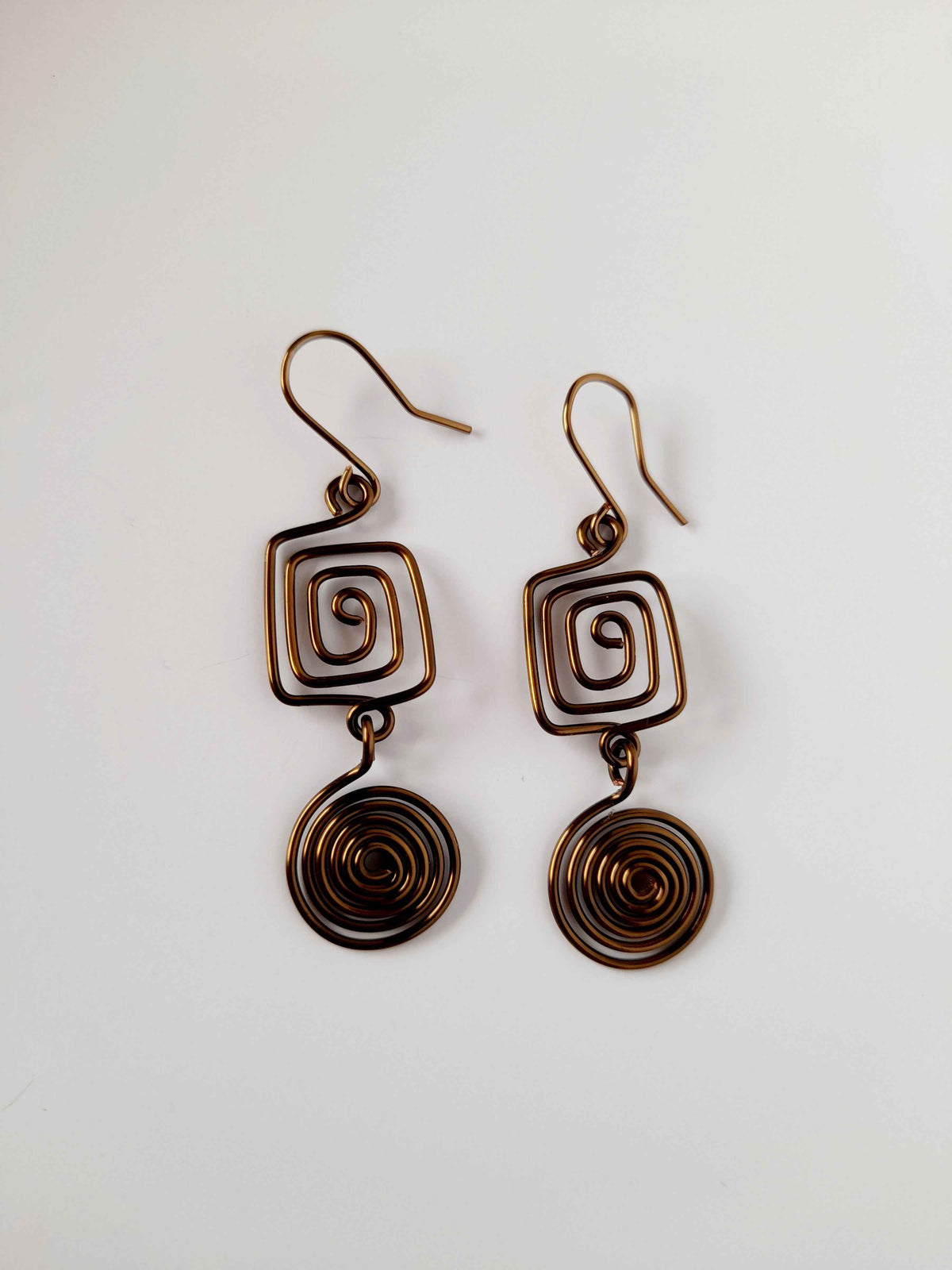 Bronze Geometric Double Spiral Drop Earrings