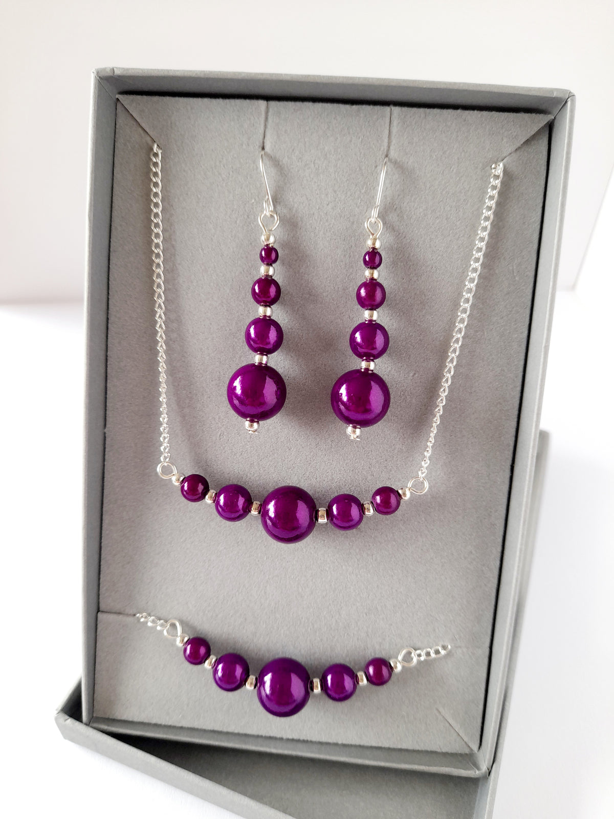 Purple Jewellery Set – Handmade Miracle Bead Necklace, Bracelet & Earrings Set | Gift Boxed | Free UK Delivery