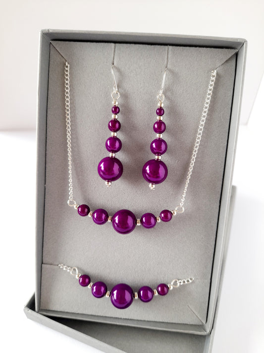 Purple Jewellery Set – Handmade Miracle Bead Necklace, Bracelet & Earrings Set | Gift Boxed | Free UK Delivery