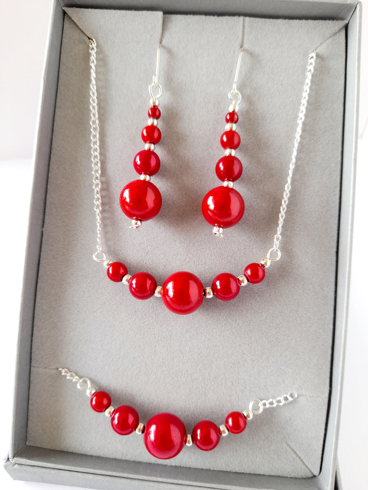 Bright Red Jewellery Set – Handmade Miracle Bead Necklace, Bracelet & Earrings Set | Gift Boxed | Free UK Delivery