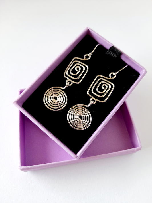 Silver Geometric Double Spiral Drop Earrings