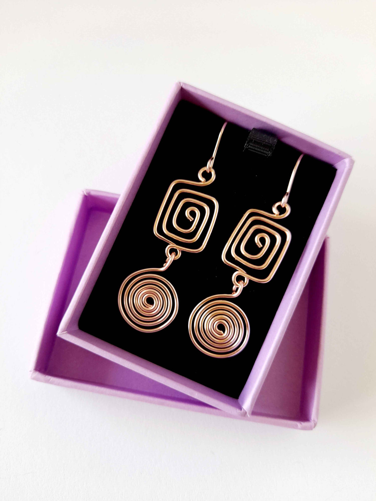 Rose Gold Geometric Double Spiral Drop Earrings