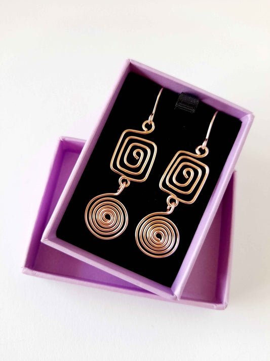Rose Gold Geometric Double Spiral Drop Earrings