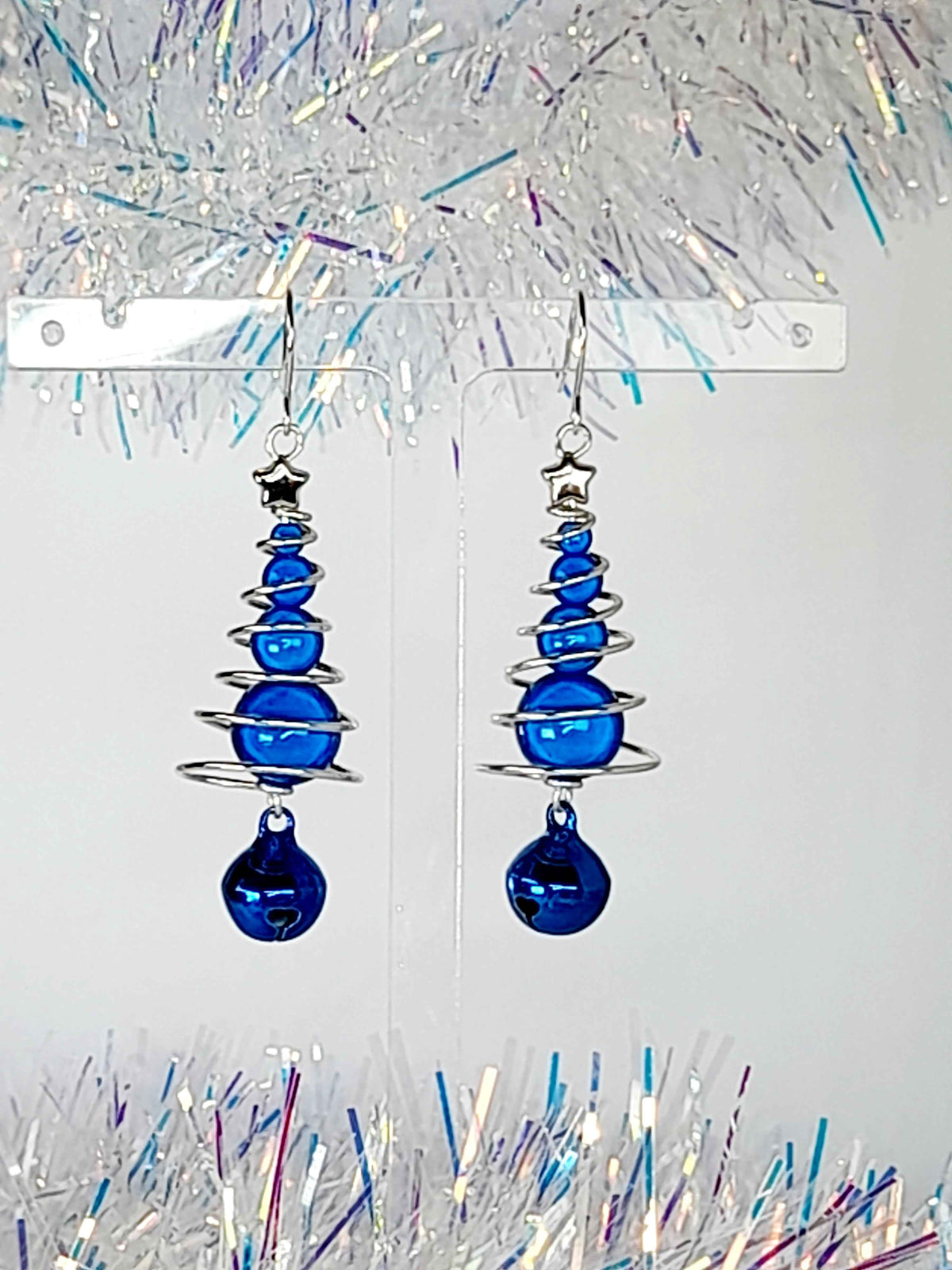 Blue Miracle Bead Christmas Tree Earrings with Blue Jingle Bell