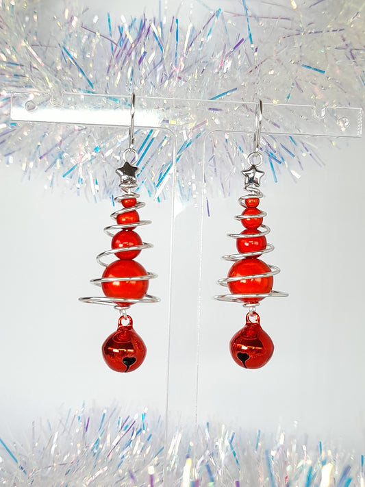 Red Miracle Bead Christmas Tree Earrings with Red Jingle Bell - Just My Jewellery Shop