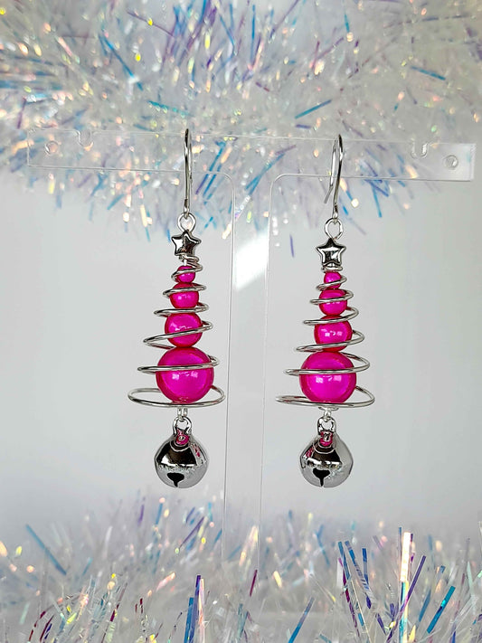 Hot Pink Miracle Bead Christmas Tree Earrings with Silver Jingle Bell
