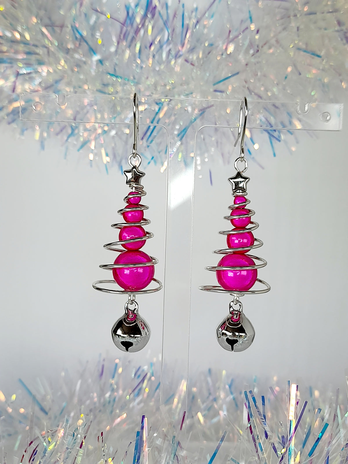 Hot Pink Miracle Bead Christmas Tree Jewellery Set with Silver Jingle Bell - Just My Jewellery Shop