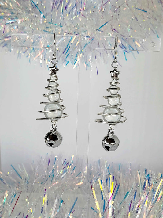 Silver Miracle Bead Christmas Tree Earrings with Jingle Bell