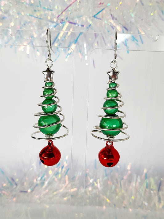 Green Miracle Bead Christmas Tree Earrings with Red Jingle Bell