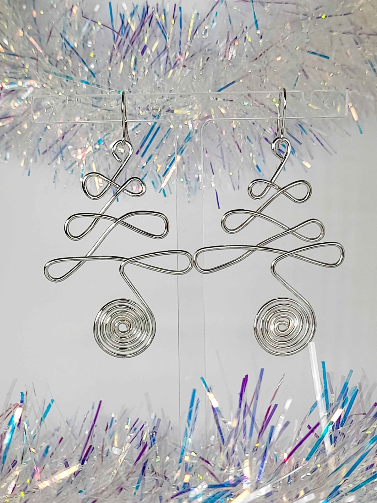 Silver Wire Wrapped Christmas Tree Earrings
