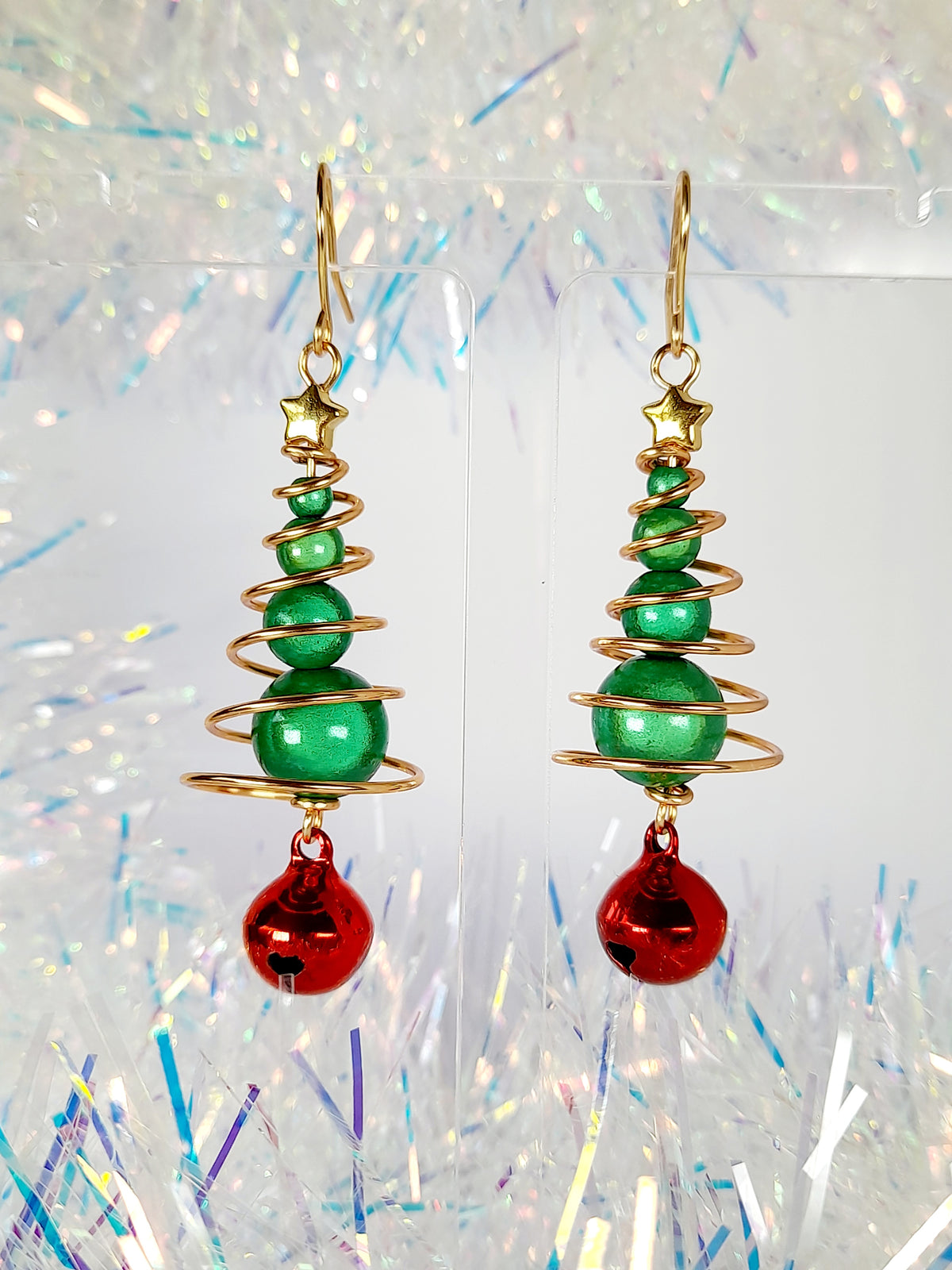 Green Miracle Bead Christmas Tree Earrings with Gold Wire and Red Jingle Bell - Just My Jewellery Shop