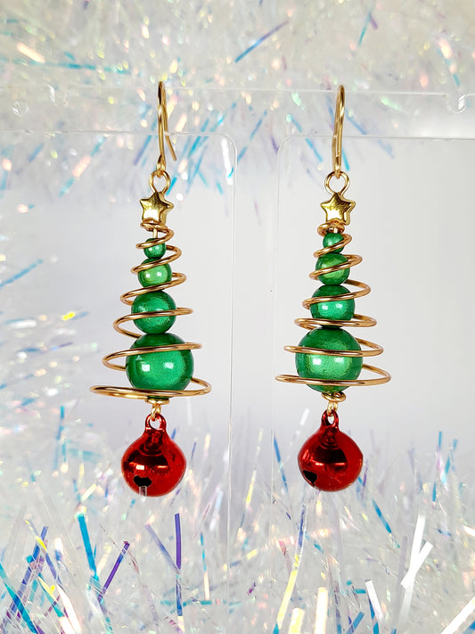 Green Miracle Bead Christmas Tree Earrings with Gold Wire and Red Jingle Bell - Just My Jewellery Shop