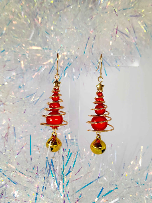 Red Miracle Bead Christmas Tree Earrings with Gold Star & Gold Jingle Bell