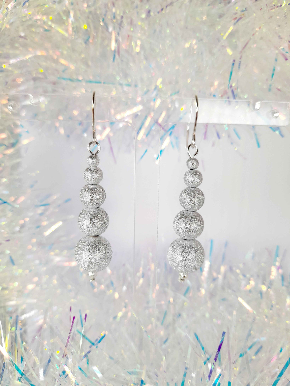 Christmas Silver Sparkly Drop Earrings with Graduated Bead Stack