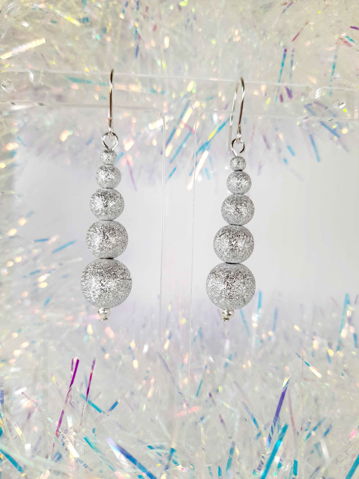 Christmas Silver Sparkly Drop Earrings with Graduated Bead Stack