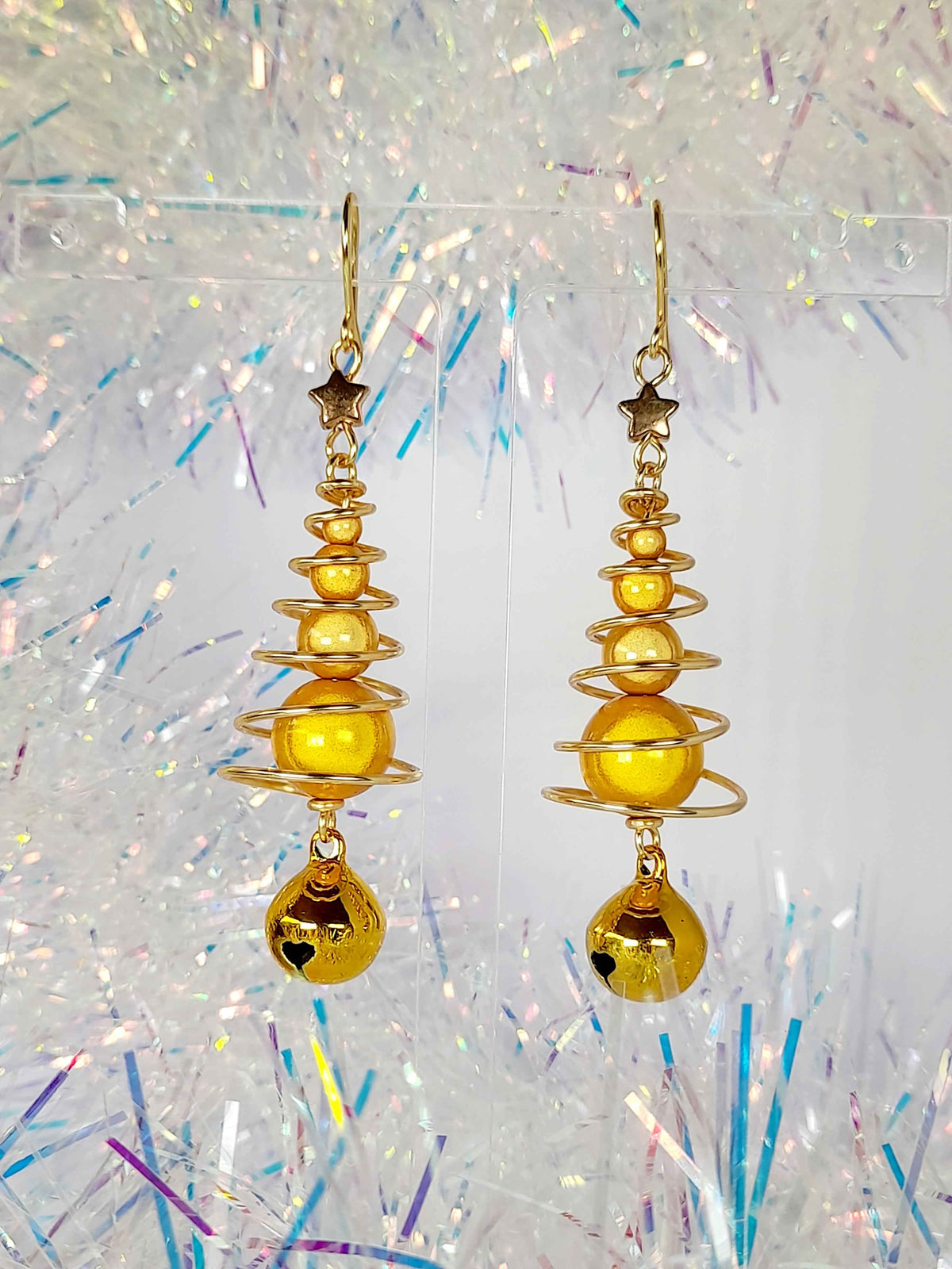 Gold Miracle Bead Christmas Tree Earrings with Gold Jingle Bell