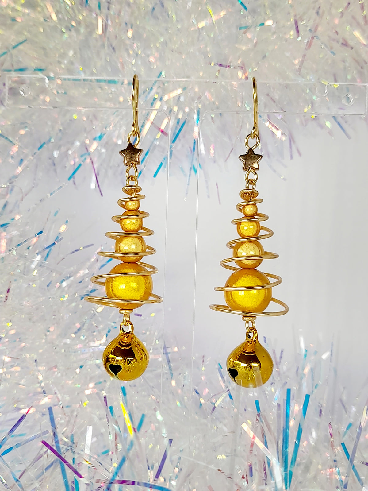 Gold Miracle Bead Christmas Tree Earrings with Gold Jingle Bell - Just My Jewellery Shop