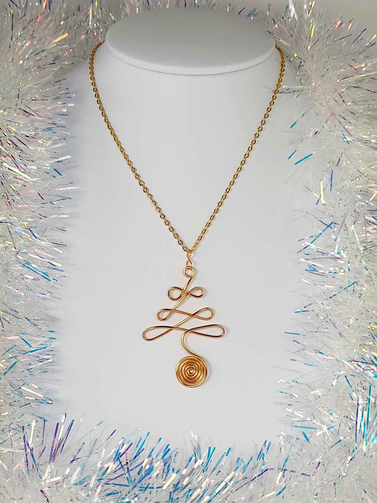 Gold Wire Wrapped Christmas Tree Necklace