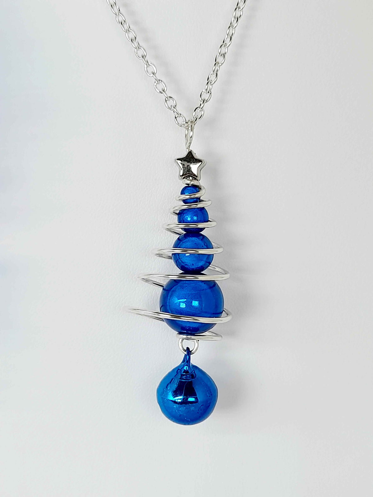 Blue Miracle Bead Christmas Tree Necklace with Blue Jingle Bell