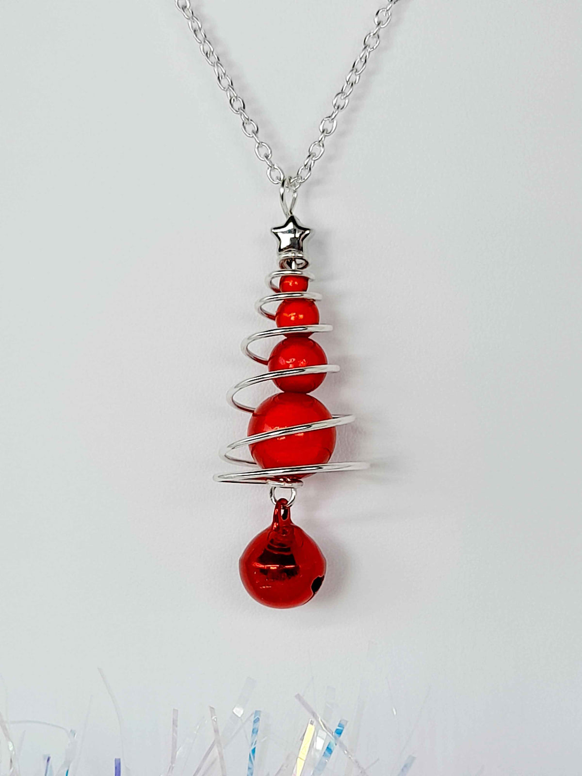 Red Miracle Bead Christmas Tree Necklace with Red Jingle Bell