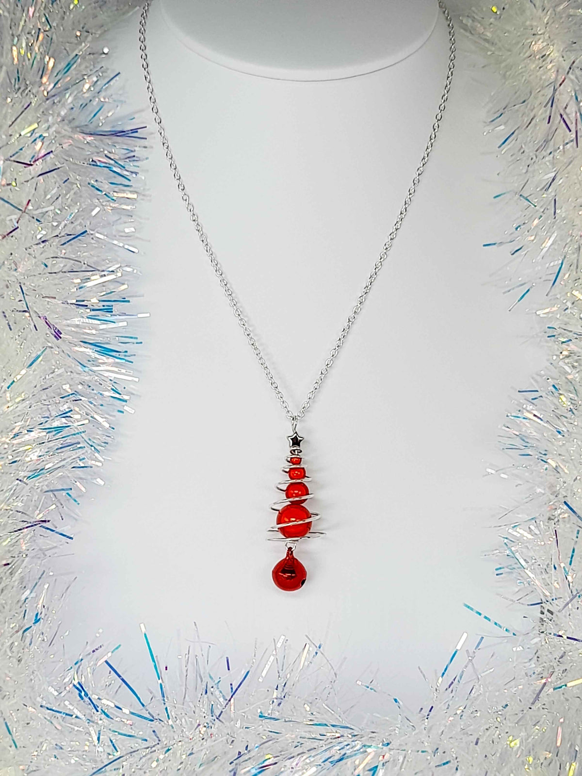 Red Miracle Bead Christmas Tree Necklace with Red Jingle Bell