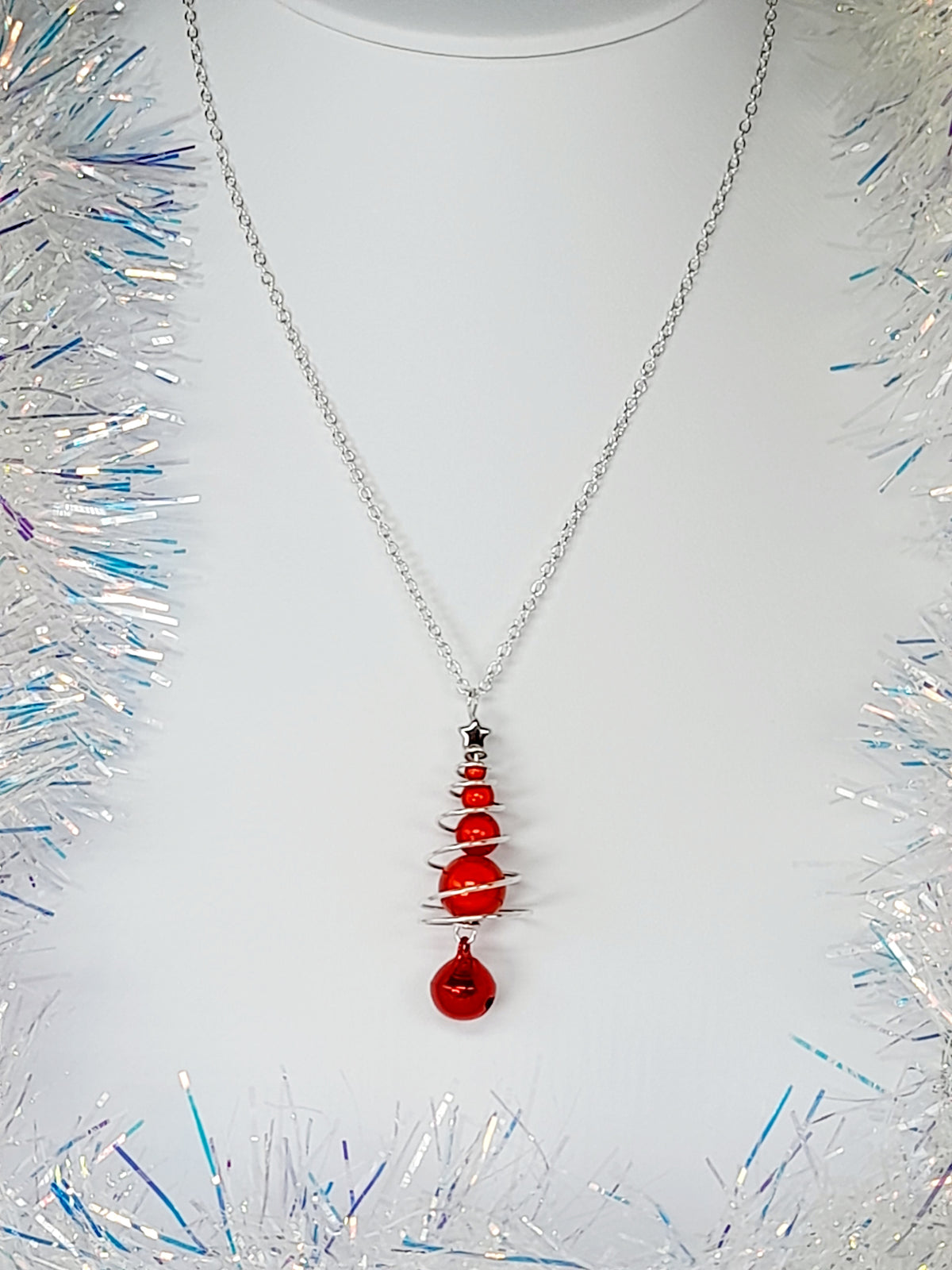 Red Miracle Bead Christmas Tree Earrings with Red Jingle Bell - Just My Jewellery Shop