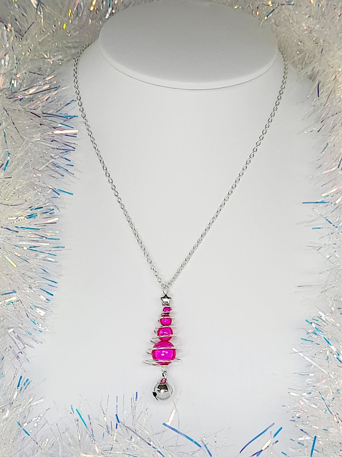 Hot Pink Miracle Bead Christmas Tree Jewellery Set with Silver Jingle Bell - Just My Jewellery Shop