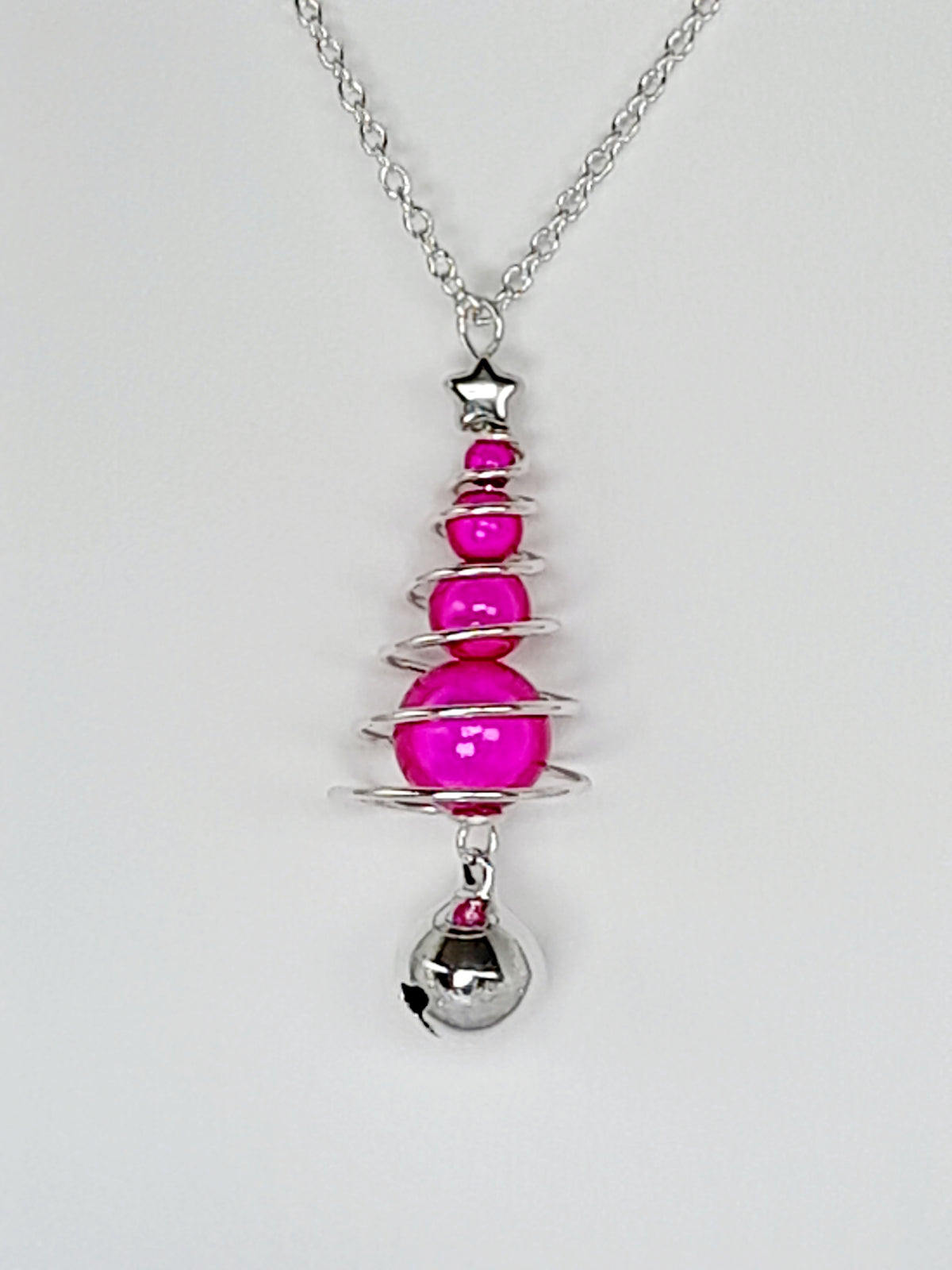 Hot Pink Miracle Bead Christmas Tree Necklace with Silver Jingle Bell - Just My Jewellery Shop