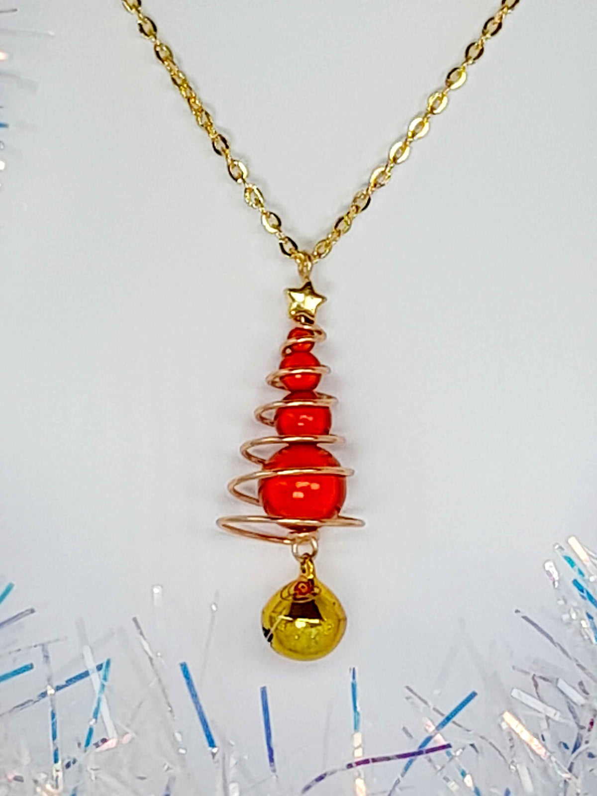 Red Miracle Bead Christmas Tree Necklace with Gold Star & Gold Jingle Bell