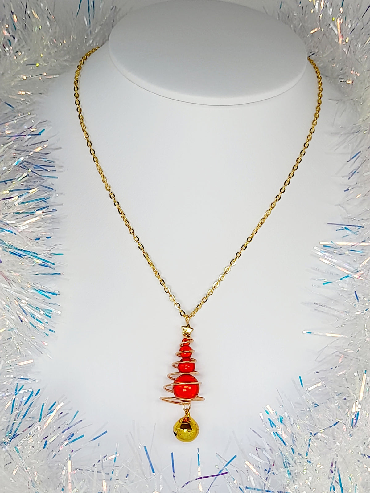 Red Miracle Bead Christmas Tree Jewellery Set with Gold Star & Gold Jingle Bell - Just My Jewellery Shop