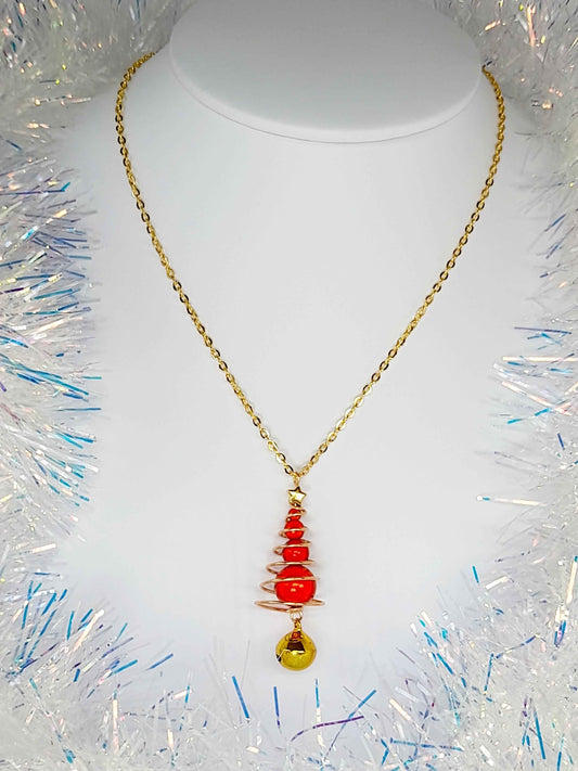 Red Miracle Bead Christmas Tree Necklace with Gold Star & Gold Jingle Bell