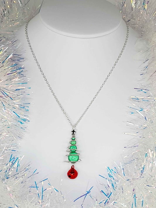 Green Miracle Bead Christmas Tree Necklace with Red Jingle Bell