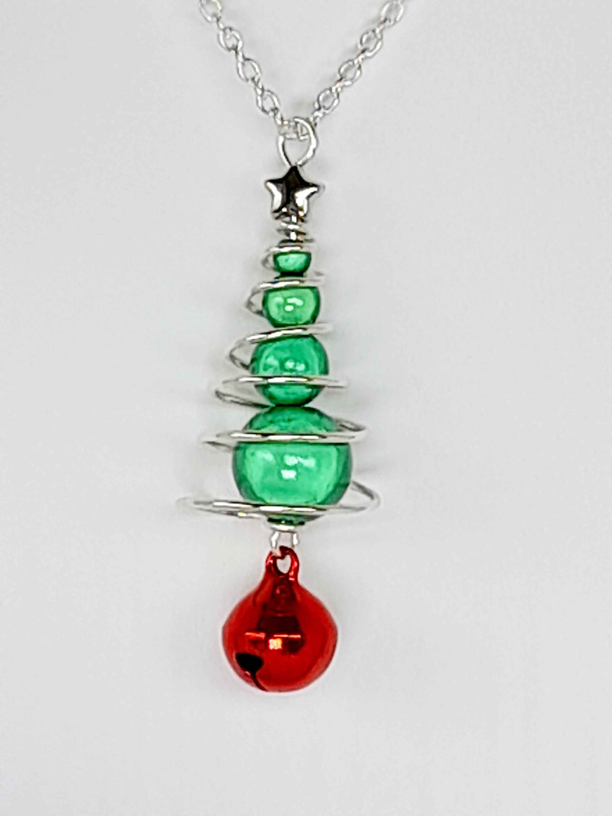 Green Miracle Bead Christmas Tree Necklace with Red Jingle Bell