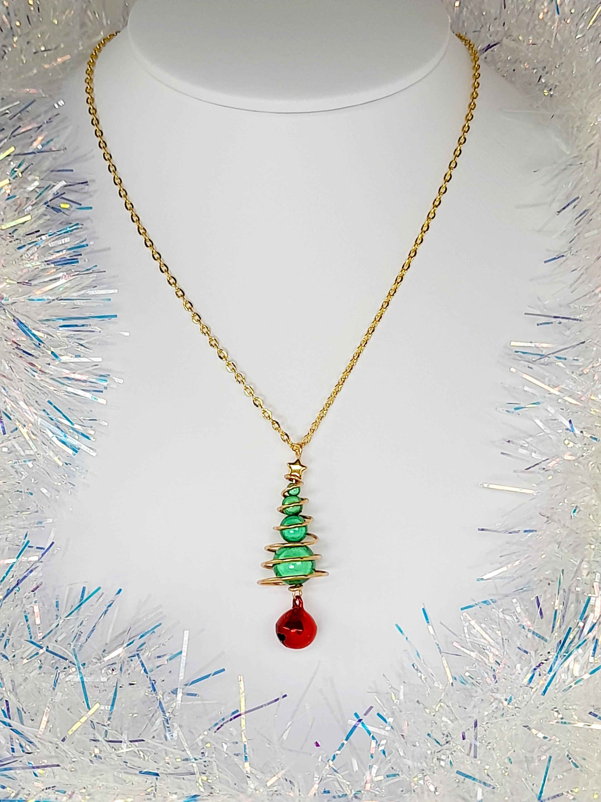 Green Miracle Bead Christmas Tree Necklace with Gold Wire and Red Jingle Bell