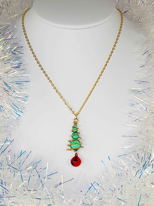 Green Miracle Bead Christmas Tree Necklace with Gold Wire and Red Jingle Bell