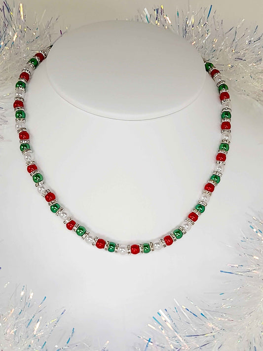Christmas Pearl Bead Necklace in Red White and Green with Rhinestone Spacers