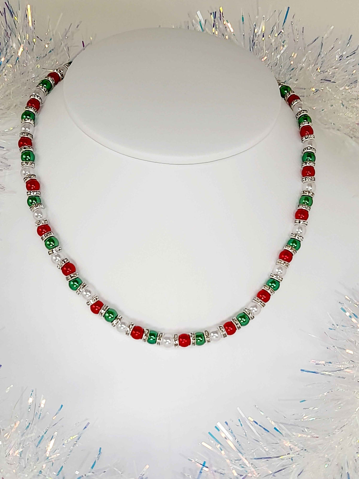 Christmas Pearl Bead Jewellery Set in Red White and Green with Rhinestone Spacers