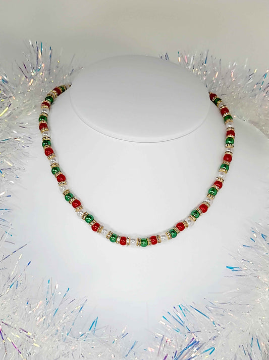 Christmas Pearl Bead Necklace in Red White and Green with Gold Rhinestone Spacers