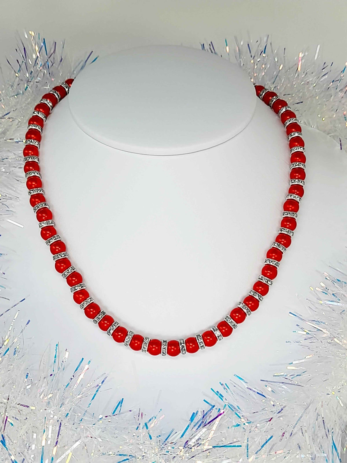 Red Pearl and Silver Rhinestone Christmas Necklace