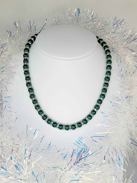 Green Pearl and Silver Rhinestone Christmas Necklace