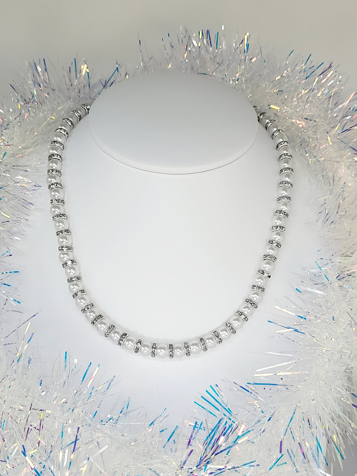 White Pearl and Silver Rhinestone Christmas Necklace - Just My Jewellery Shop