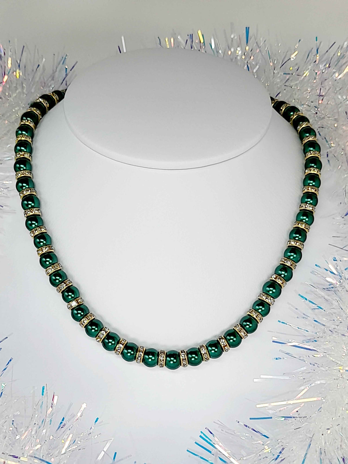 Green Pearl and Gold Rhinestone Christmas Necklace