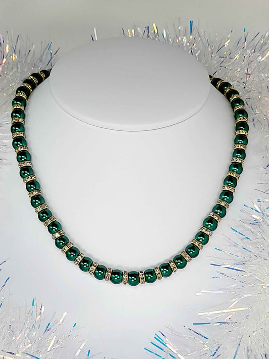 Green Pearl and Gold Rhinestone Christmas Necklace