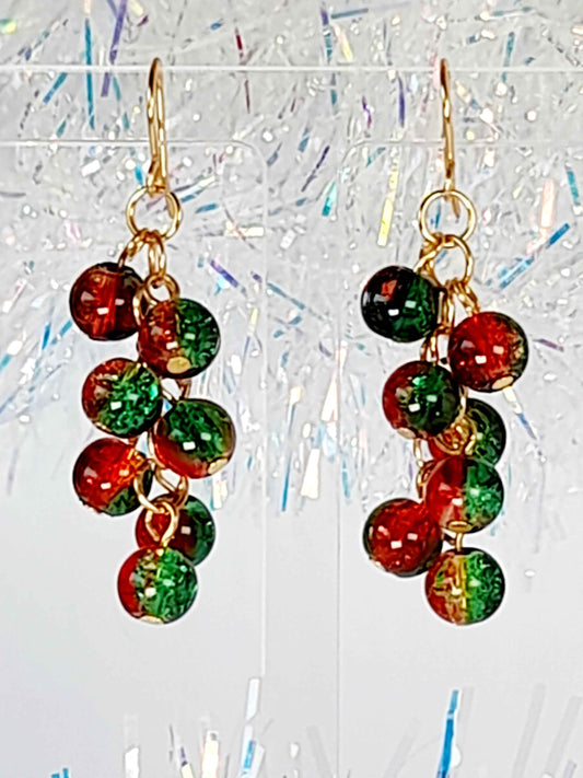Red Green and Gold Crackle Bead Cluster Christmas Earrings