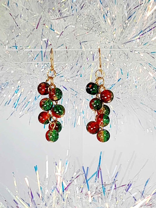 Red Green and Gold Crackle Bead Cluster Christmas Earrings
