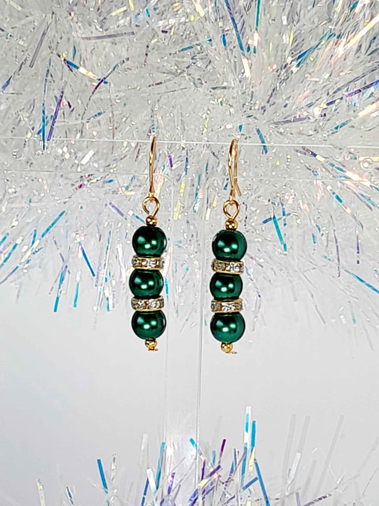 Green Pearl and Gold Rhinestone Christmas Drop Earrings