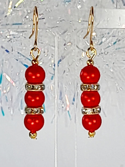 Red Pearl and Gold Rhinestone Christmas Drop Earrings - Just My Jewellery Shop